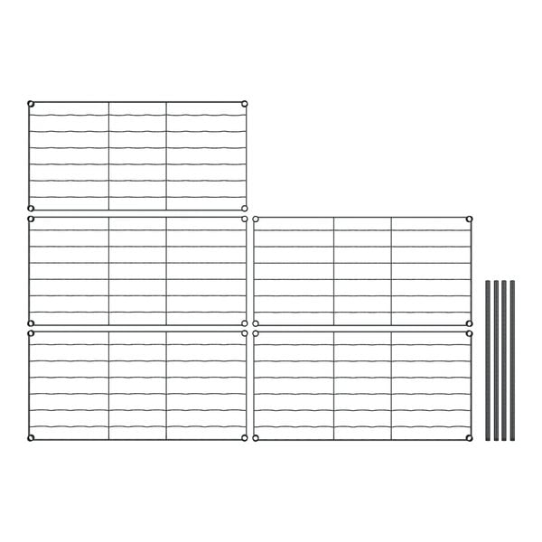 A drawing of a Regency black wire wine rack grid with four posts.