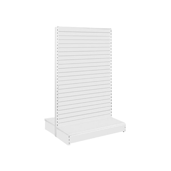 A white double-sided slatwall gondola merchandiser.