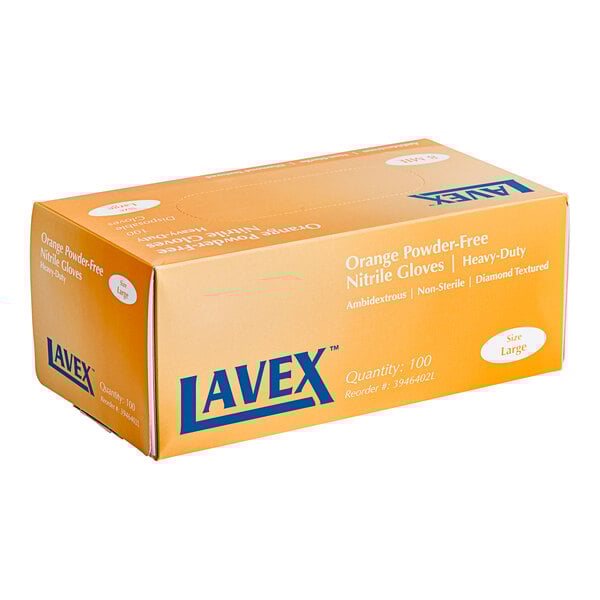 A box of Lavex Pro Nitrile gloves with orange diamond-textured accents.