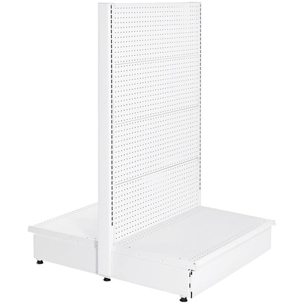 A white double-sided pegboard gondola merchandiser.