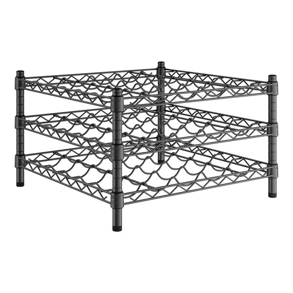 A black Regency wire wine rack with three shelves on black wire legs.