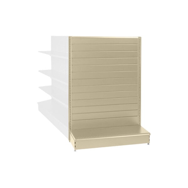 A beige single-sided slatwall end cap gondola merchandiser with shelves.