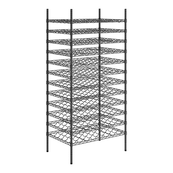 A Regency black epoxy wire wine rack with shelves.