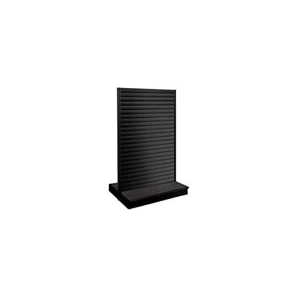 A black rectangular Gondola merchandiser with black slatwall panels on both sides.