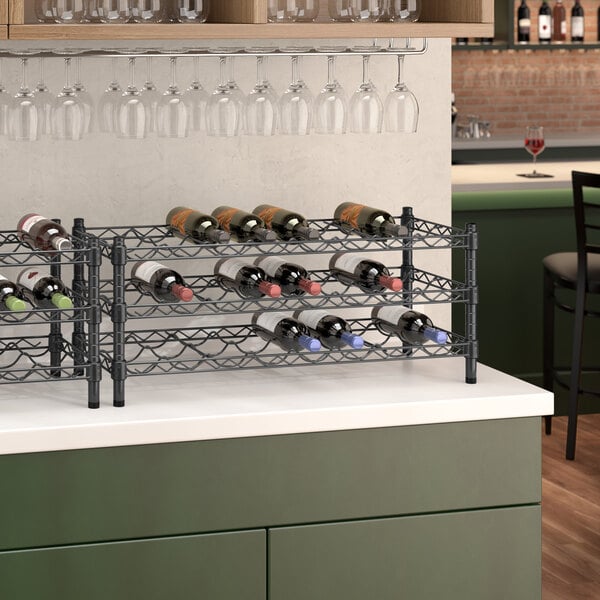 A black Regency wire wine shelf holding 8 bottles of wine.