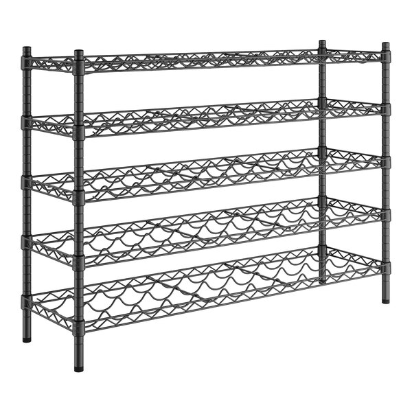 A black wire rack with five shelves for wine bottles.