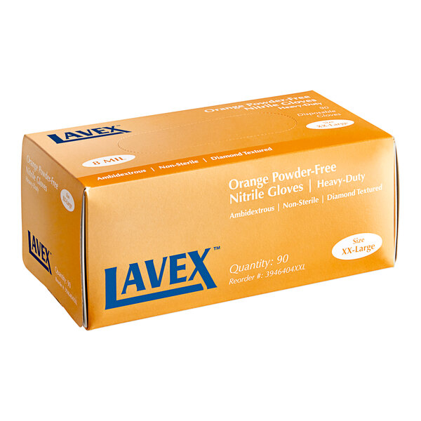A box of Lavex Pro orange nitrile gloves with diamond texture.