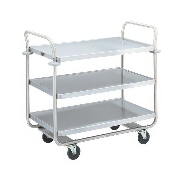 A silver Vollrath Thrift-I-Cart metal cart with three shelves.