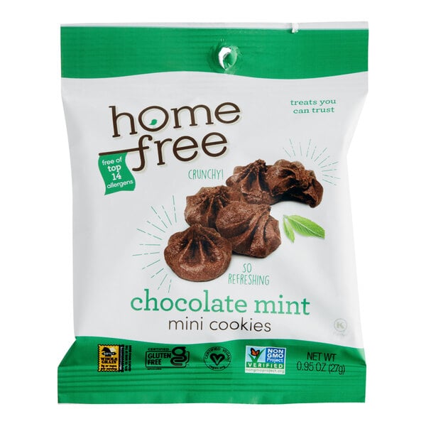 A bag of Homefree chocolate mint mini cookies.