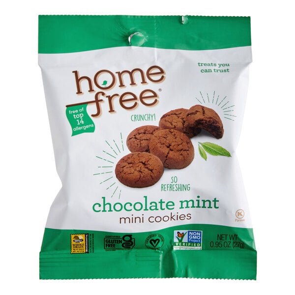 A small bag of Homefree gluten-free mini chocolate mint cookies.