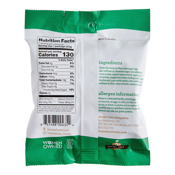 A small green and white package of Homefree Gluten-Free Mini Chocolate Mint Cookies.