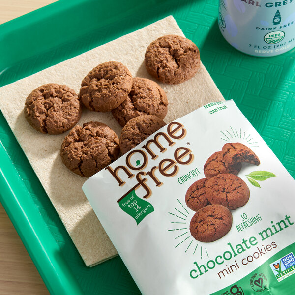 A package of Homefree gluten-free mini chocolate mint cookies with several cookies displayed on a napkin.