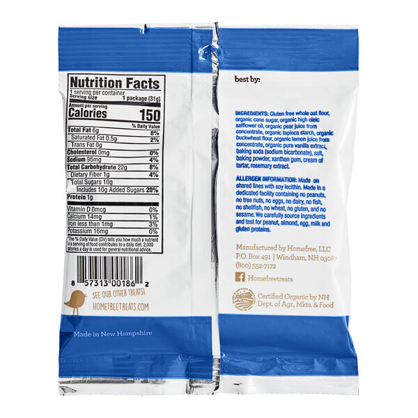 A close up of a package of Homefree Gluten-Free Mini Vanilla Cookies on a white background.