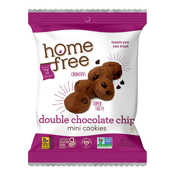 A bag of Homefree Double Chocolate Chip Mini Cookies.