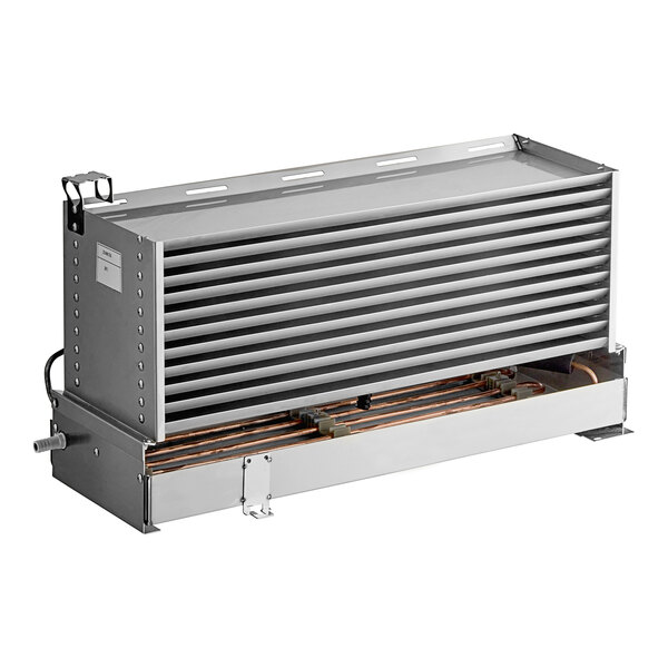 A silver rectangular Avantco condensate pan and copper pipe with a vent.