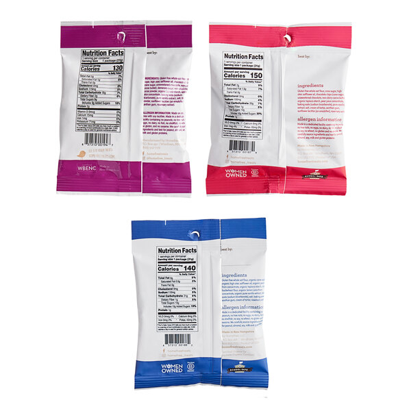 A variety pack of Homefree mini cookies with three different colored bags.
