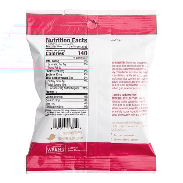 A bag of Homefree Gluten-Free Mini Chocolate Chip Cookies with nutrition information on it.