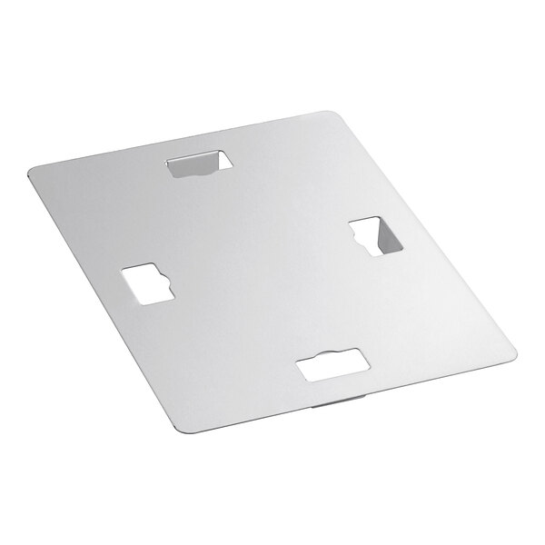 A white rectangular stainless steel sink cover with holes.