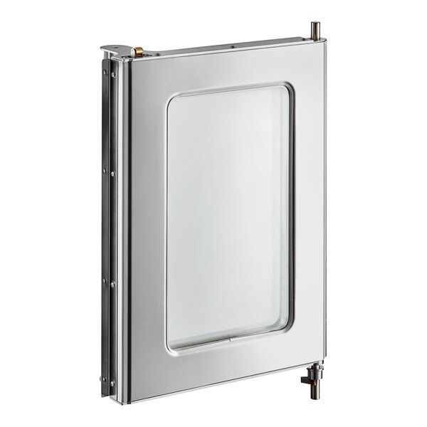 A stainless steel rectangular door with a clear glass window.