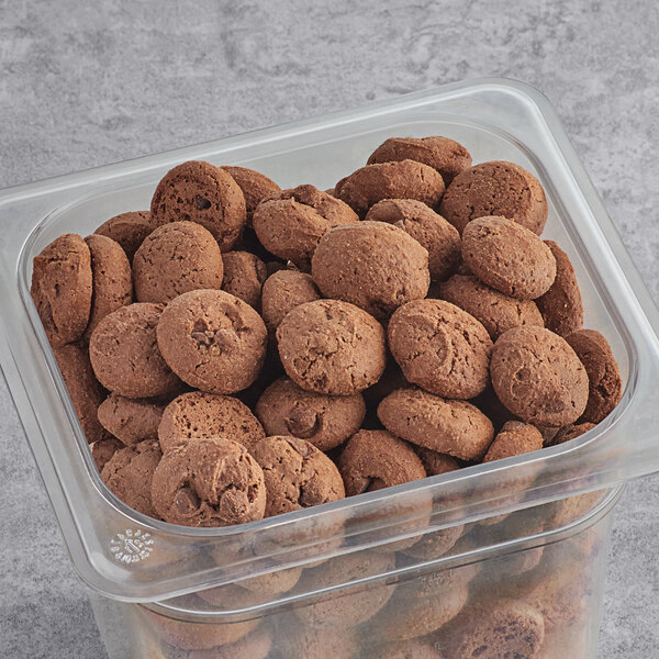 A container filled with Homefree Gluten-Free Mini Double Chocolate Chip Cookies.