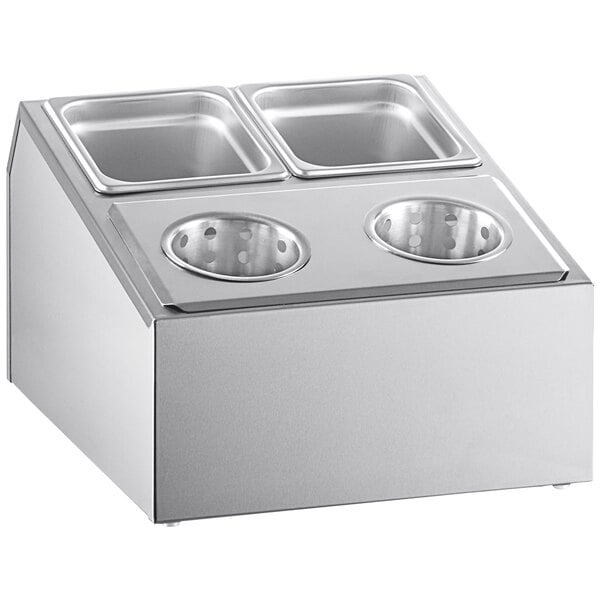 A silver ServSense hotel pan organizer with two containers and two flatware cylinders.