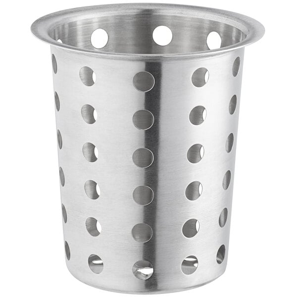 A silver stainless steel container with holes in it holding a stainless steel strainer and flatware.