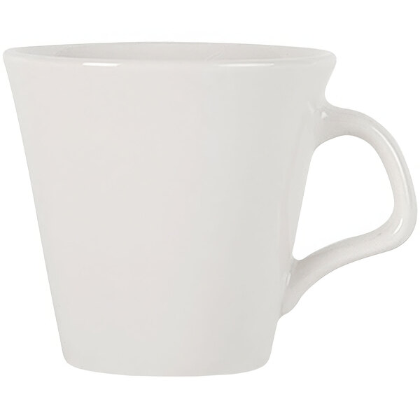 A close-up of a white Tuxton Columbia tall mug with a handle.