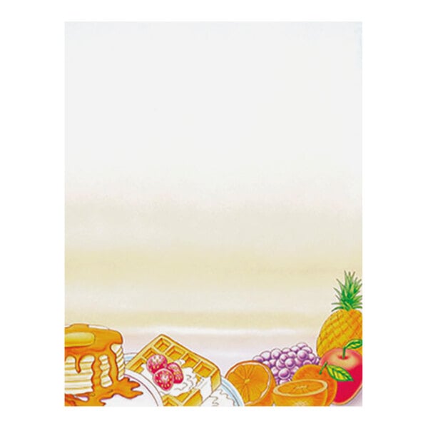 A sheet of menu paper featuring a breakfast-themed design with pancakes, waffles, fruit, and a rooster illustration along the bottom edge.