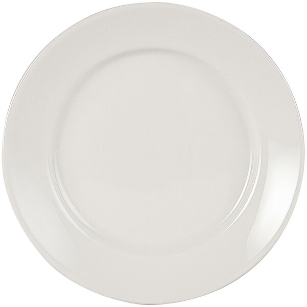 A white Tuxton Columbia china plate with a white rim.