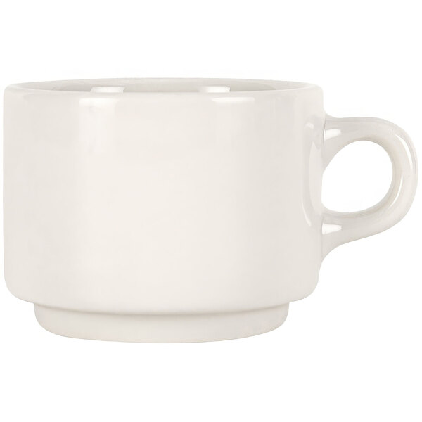 A white Tuxton Columbia latte mug with a handle.