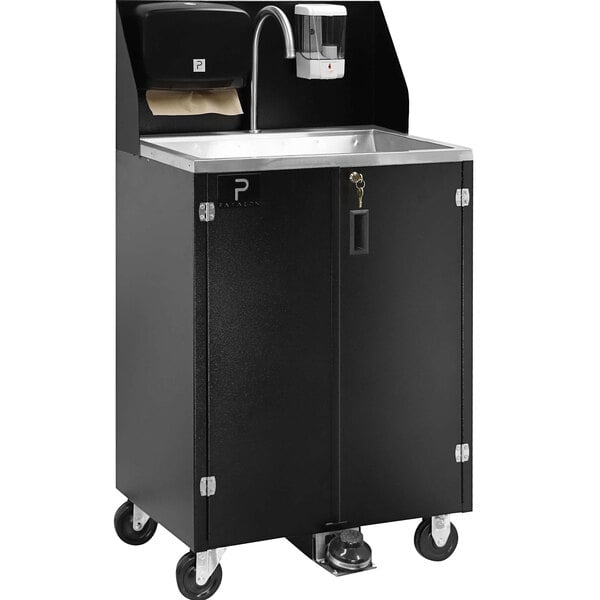 A black Paragon Pro Series portable hand sink with a stainless steel sink and cabinet on wheels.