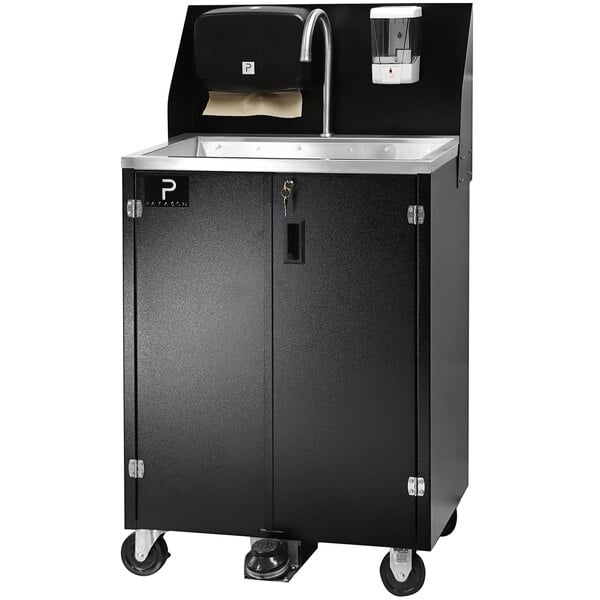 A black metal Paragon Pro Series portable hand sink with a silver handle.