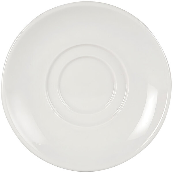 A white Tuxton Columbia saucer with a circular design in the middle.