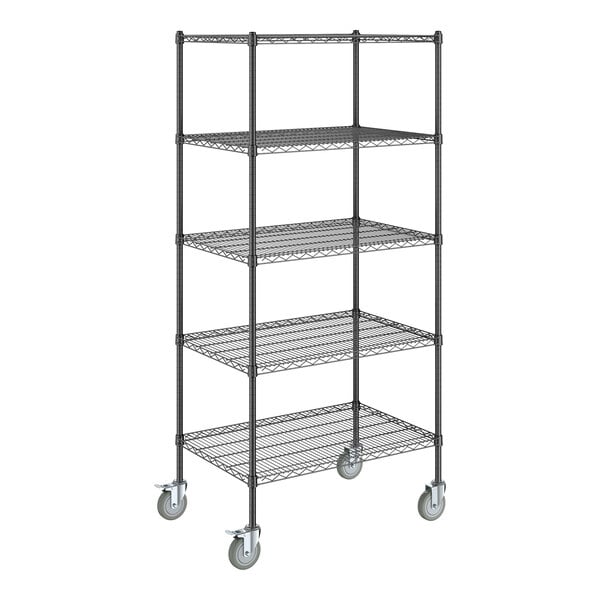 A Steelton black metal wire shelving unit with wheels.