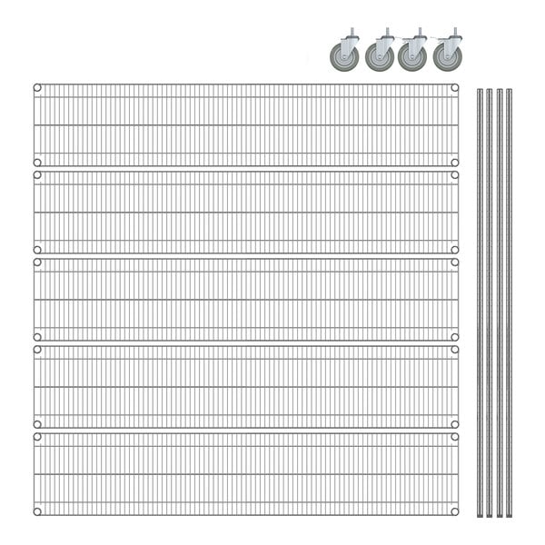 A Steelton wire shelving kit with wire mesh shelves, metal poles, and casters with rubber wheels.