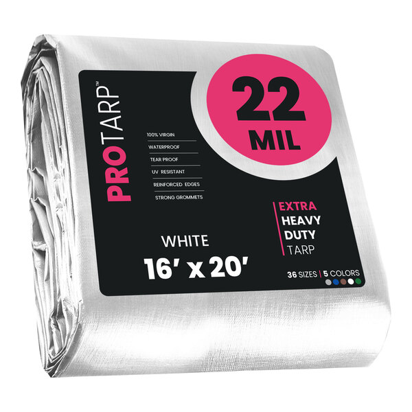 A white ProTarp heavy-duty poly tarp wrapped in plastic.