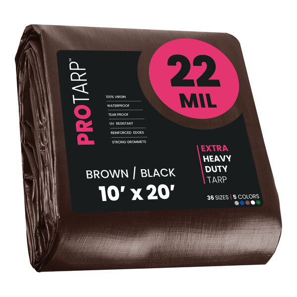 A brown ProTarp roll with black labels for 22 mil tarps.