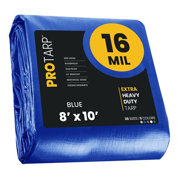A blue ProTarp with reinforced edges and black and yellow labels wrapped in plastic.