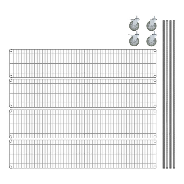 A Steelton wire shelving kit with 4 shelves, wheels, and metal posts.