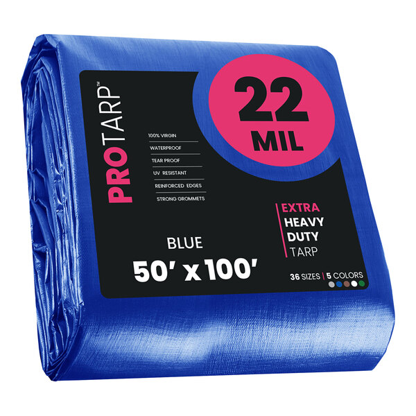 A blue ProTarp with reinforced edges and 22 mil thickness wrapped in plastic.