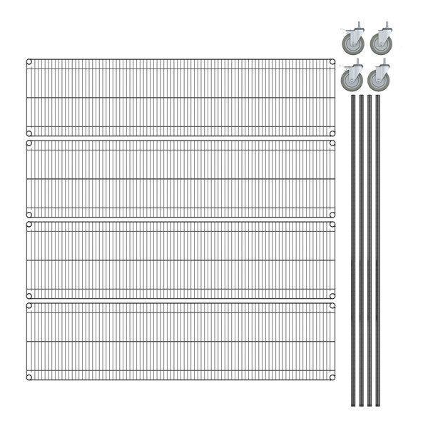 A Steelton wire shelving kit with black wire shelves and wheels.