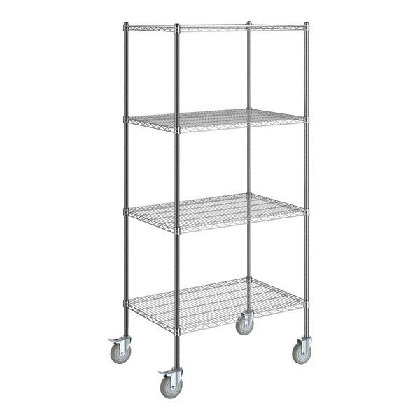 A Steelton metal wire shelving unit with wheels.