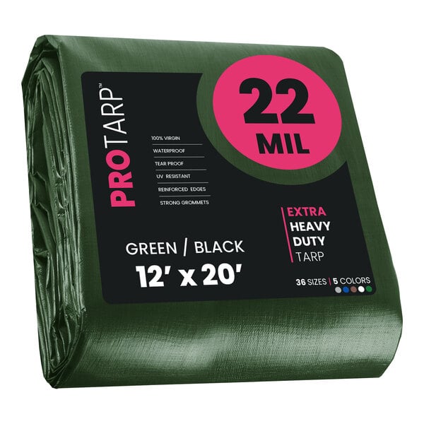 A green tarp with a black label that reads "22 mil" wrapped in plastic.