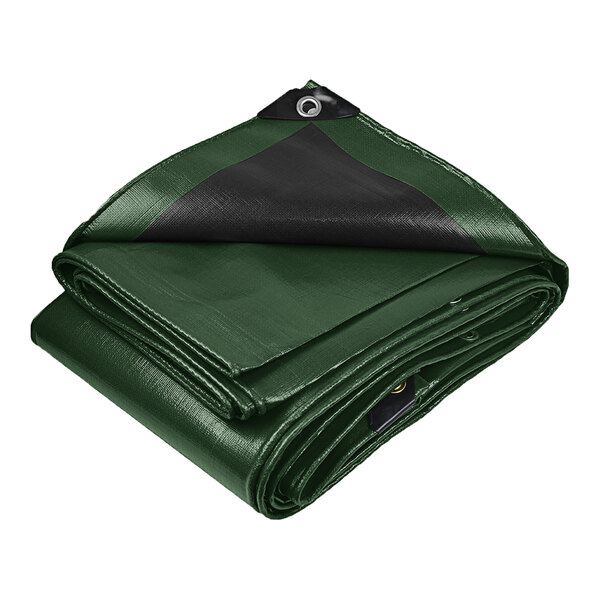 A folded green ProTarp with reinforced black edges.