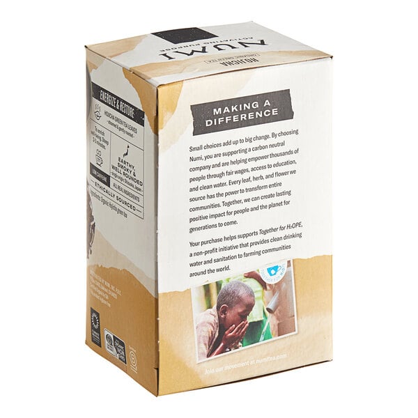 A box of Numi Organic Hojicha Tea Bags with text and images on it.