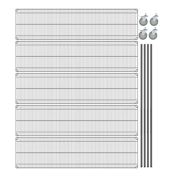 A Steelton wire shelving kit with black epoxy shelves and wheels.
