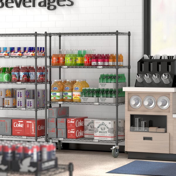 A Steelton wire shelving kit with casters and shelves holding beverages.