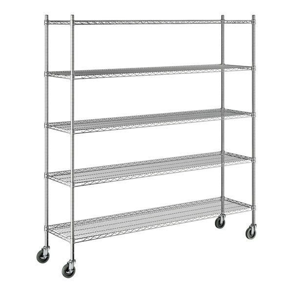 A Steelton chrome wire shelving unit with four shelves on wheels.