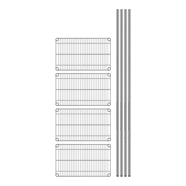 A line drawing of a Steelton wire shelving kit with four shelves.