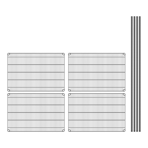 A grid of metal wire shelves with metal rods.